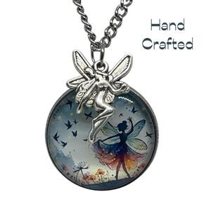 Hand Crafted Blue Orange Silver Fairy Whimsical Necklace Earring Set NWT OS
